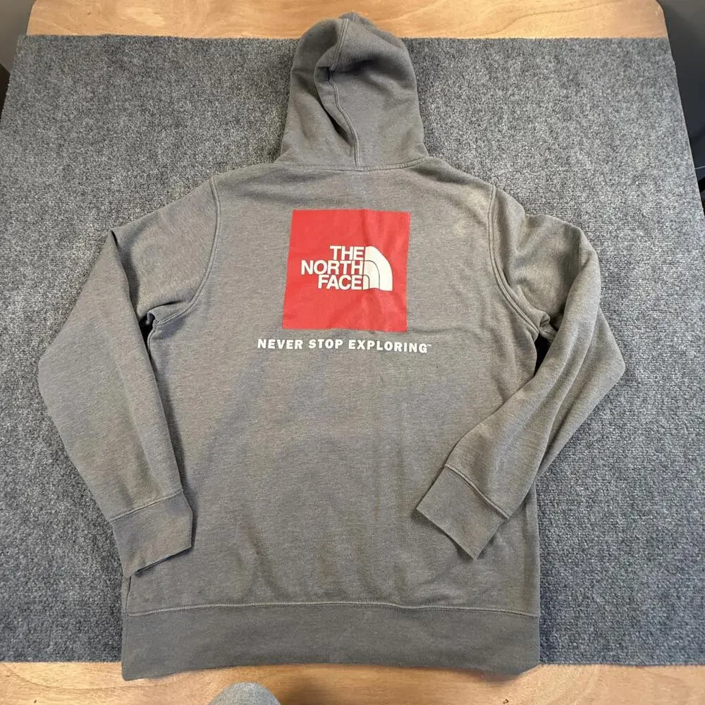 The North Face Mens Gray Red Box Logo Pullover Hoodie Large #1741